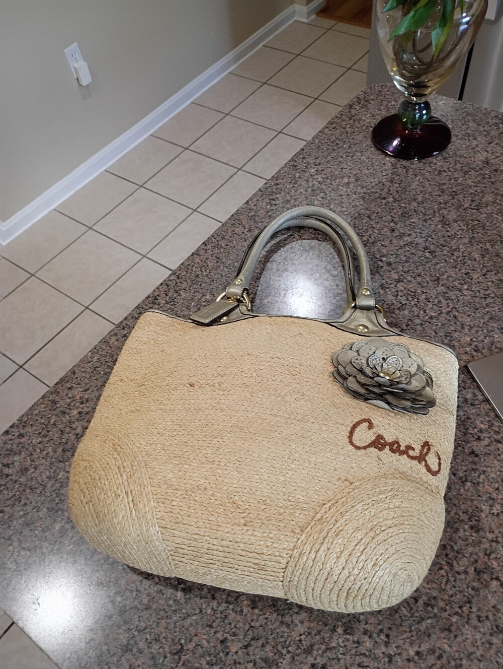 Coach Natural Straw Tote with Metallic Gold Trim and Floral Applique - Picture 14 of 16
